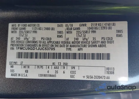 2018 Ford Escape Se from USA, damaged, VIN 1FMCU9GD1JUC53705